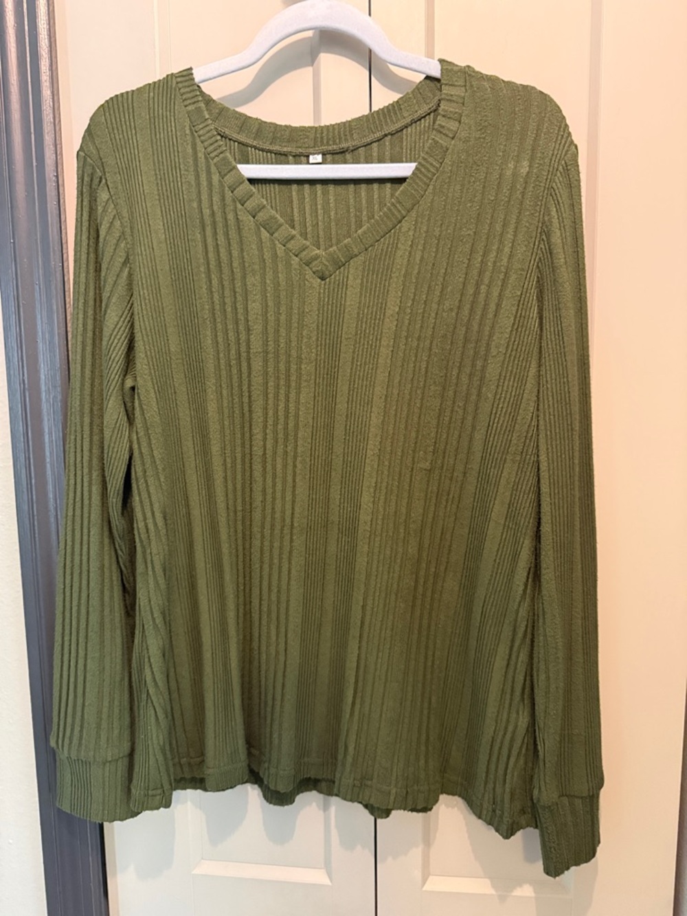 Amazon Olive Green Ribbed V-Neck Long Sleeve Top
